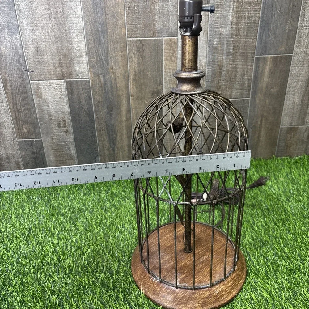 Vintage Birdcage Table Lamp Rustic Metal Wood Birds Farmhouse Decor